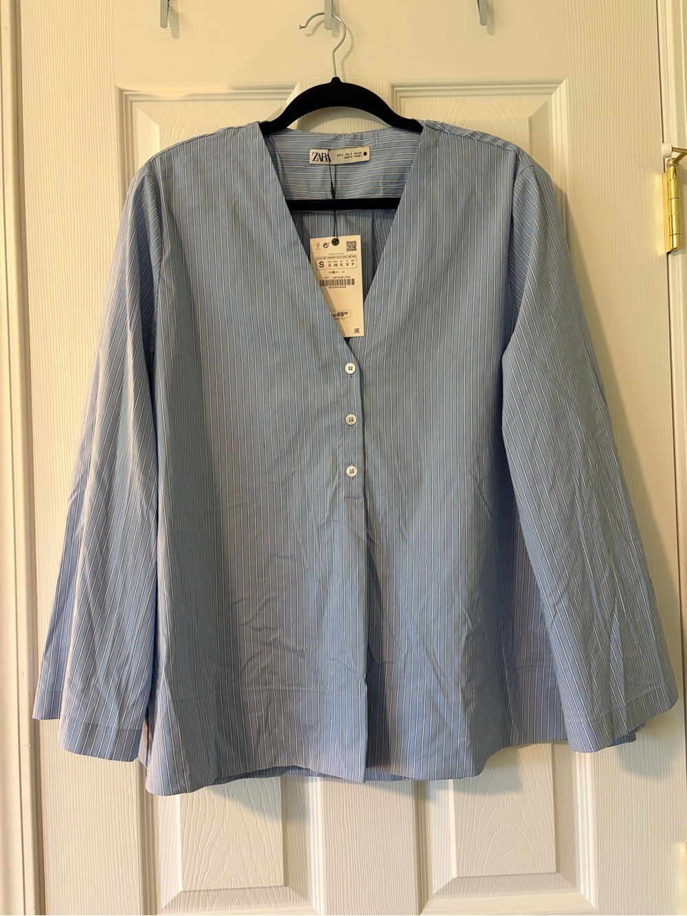 Zara Blue Striped V-Neck Button Front Blouse